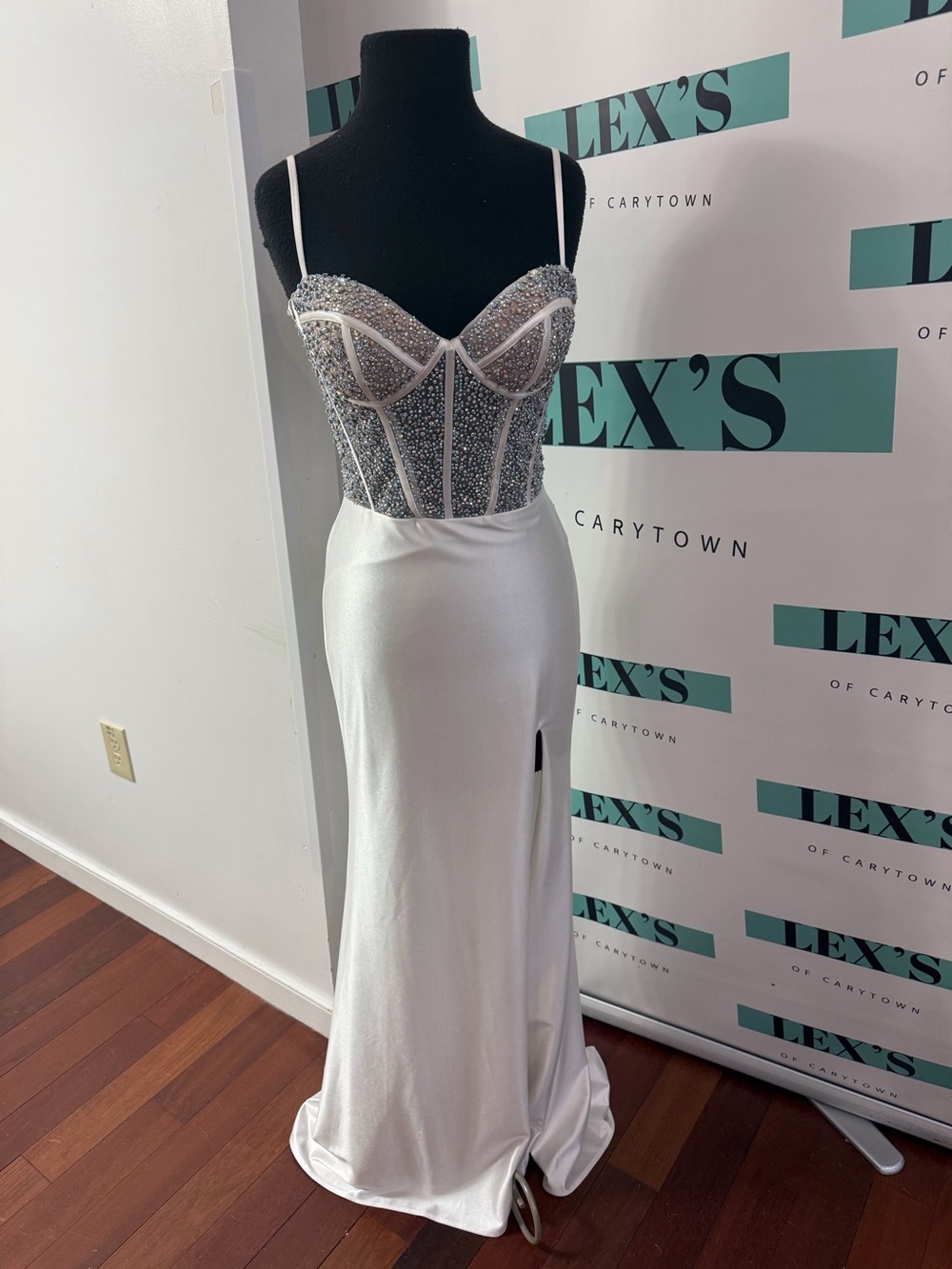 La Femme Rhinestone Corset Stretch Satin Gown